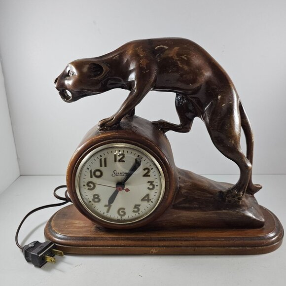 Vintage Master Crafters Sessions Jaguar Panther Clock Wood Carved DOES NOT WORK - Picture 2 of 10